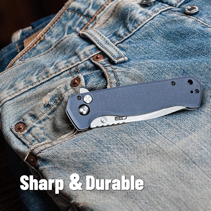 CJRB CUTLERY Folding Pocket Knife Chord(J1927) Flipper Button Lock EDC Gentleman Knife with AR-RPM9 Steel Blade and Gray Blue G10 Handle Foldable Outdoor Carry for Men Women Gift