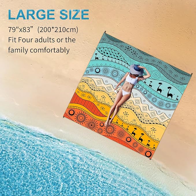Beach Blanket Waterproof Sandproof 79"x 83" for 1-4 Adults,Quick Drying Beach Mat,Lightweight & Durable,Beach Essentials for Family Beach Camping Travel Picnic(Bohemian)