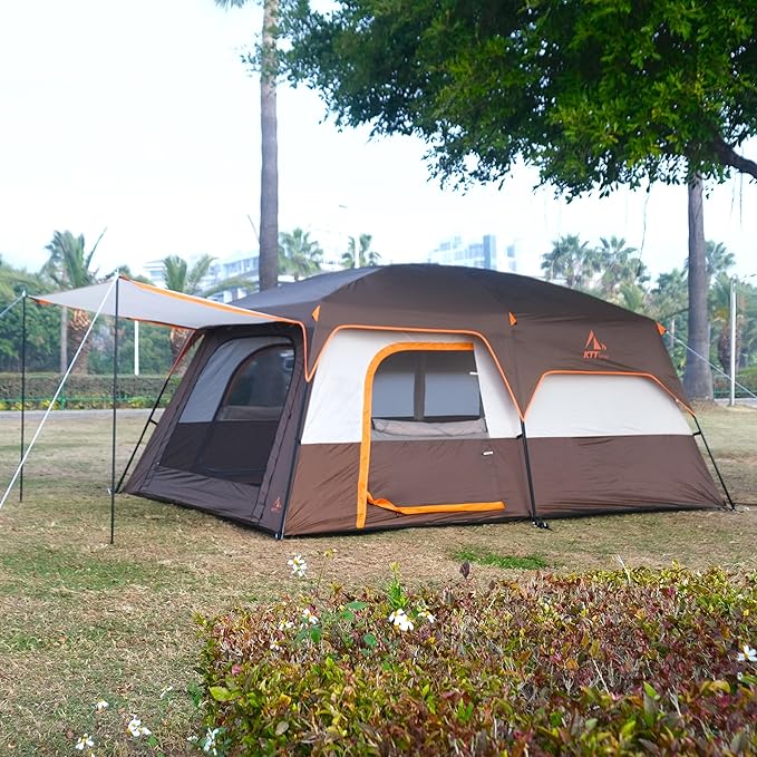KTT Extra Large Tent 10-12-14 Person(A),Family Cabin Tents,2 Rooms,3 Doors and 3 Windows with Mesh,Straight Wall,Waterproof,Double Layer,Big Tent for Outdoor,Picnic,Camping,Family Gathering