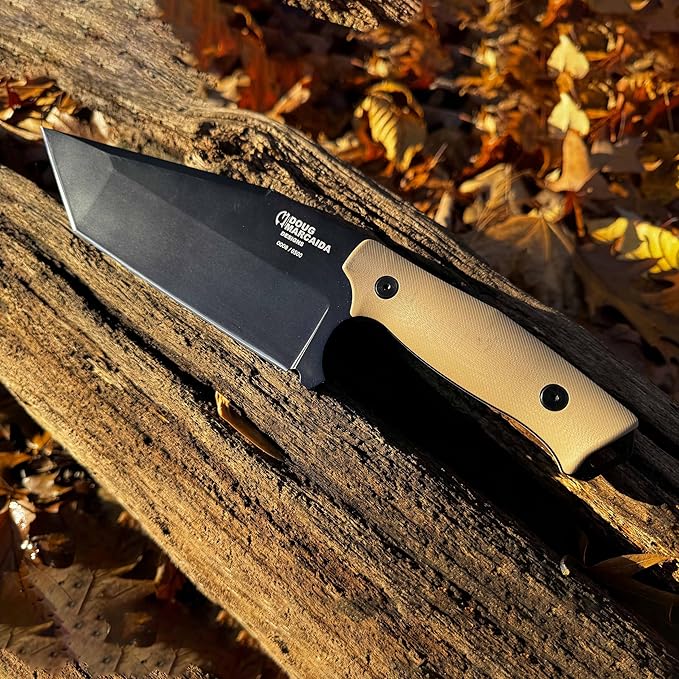Doug Marcaida Grande Fratello Serbian Cleaver Knife 8.5in Stainless Steel Full Tang Fixed Blade Bushcraft Survival Cooking Knife - Top Grain Leather Sheath With Belt Loop, Black
