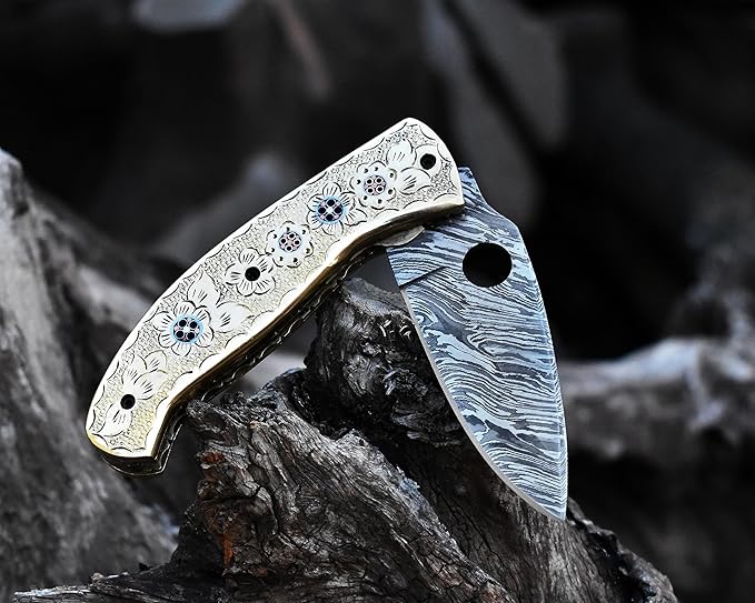 SHINY CRAFTS -Damascus Pocket Knife Knives For Men OTF Knife Survival Knife- Folding Knives - Everyday Carry - PlainEdge - Leather Sheath (FK 30)