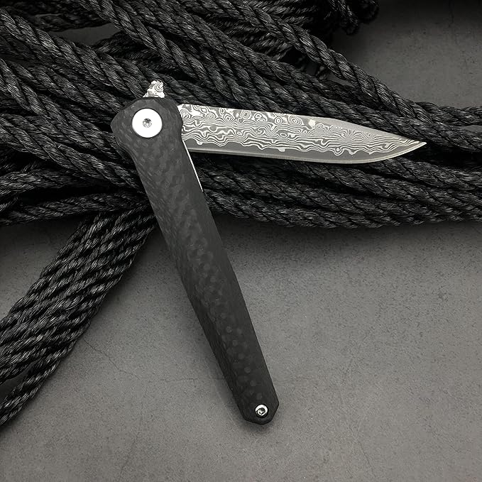 HUAAO Damascus Pocket Knife with Sheath, Gentleman Knife ceo Knife with 2.9’’ Damascus Blade, Carbon Fiber Handle, Liner Lock, Flipper Knife for EDC Outdoor Camping(black)