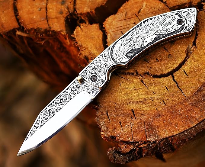 FOL-3153 Premium Hand Engraved Folding Pocket Knife Durable D2 Steel Hunting Knife
