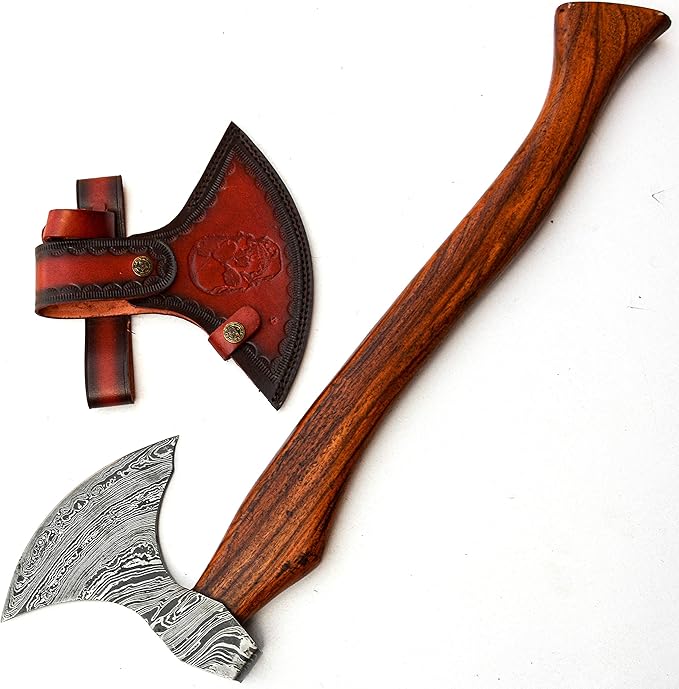 HUN-9808 Custom Handmade Viking Hatchet Damascus Steel Bearded Camping Tomahawk Battle Camping Axe with Sheath