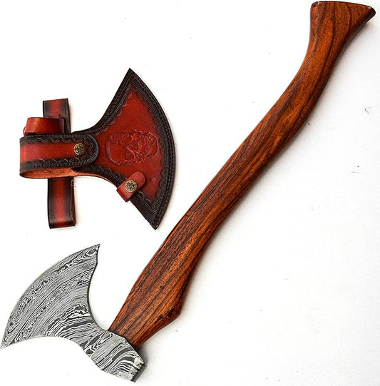 HUN-9808 Custom Handmade Viking Hatchet Damascus Steel Bearded Camping Tomahawk Battle Camping Axe with Sheath