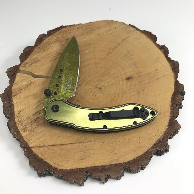 Buckshot Knives Thumb Open Spring Assisted Color Damascus Etched Stainless Steel Handle W/Damascus Etched Blade Pocket Knife (PBK207GD)