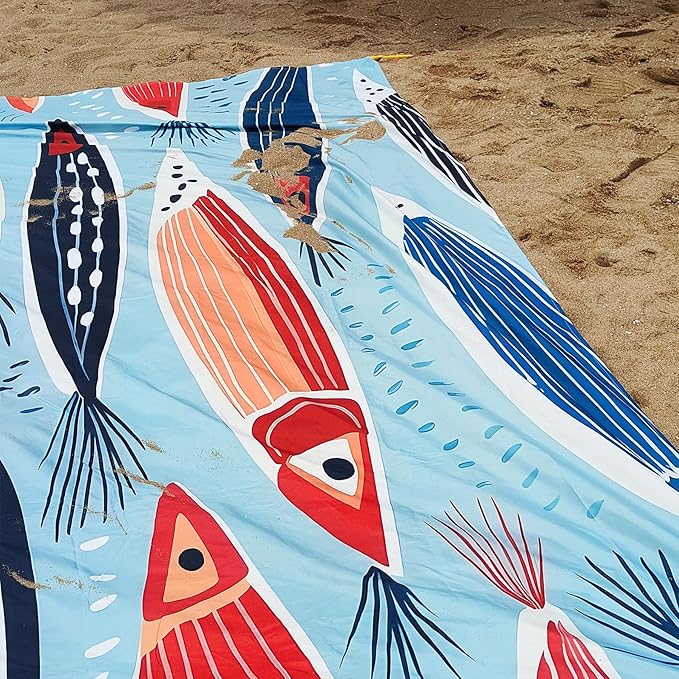 Large Beach Blanket Waterproof Sandproof 79"x 83" for 1-4 Adults,Quick Drying Beach Mat,Lightweight & Durable,Beach Essentials for Family Beach Camping Travel Picnic(Small Fish)