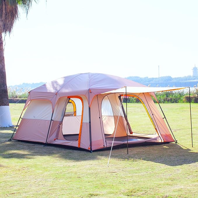 KTT Extra Large Tent 10-12-14 Person(A),Family Cabin Tents,2 Rooms,3 Doors and 3 Windows with Mesh,Straight Wall,Waterproof,Double Layer,Big Tent for Outdoor,Picnic,Camping,Family Gathering