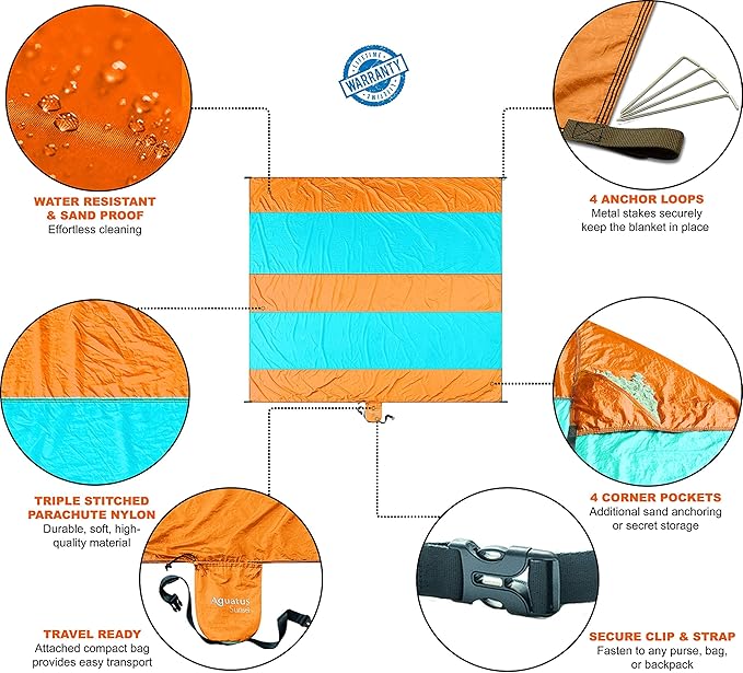 Premium XXL Beach Blanket Sandproof Water Resistant Quick Dry Mat 10ft by 9ft for 1-8 Adults with 4 Metal Stakes, 4 Corner Pockets, Secure Clip and Strap, and Attached Bag