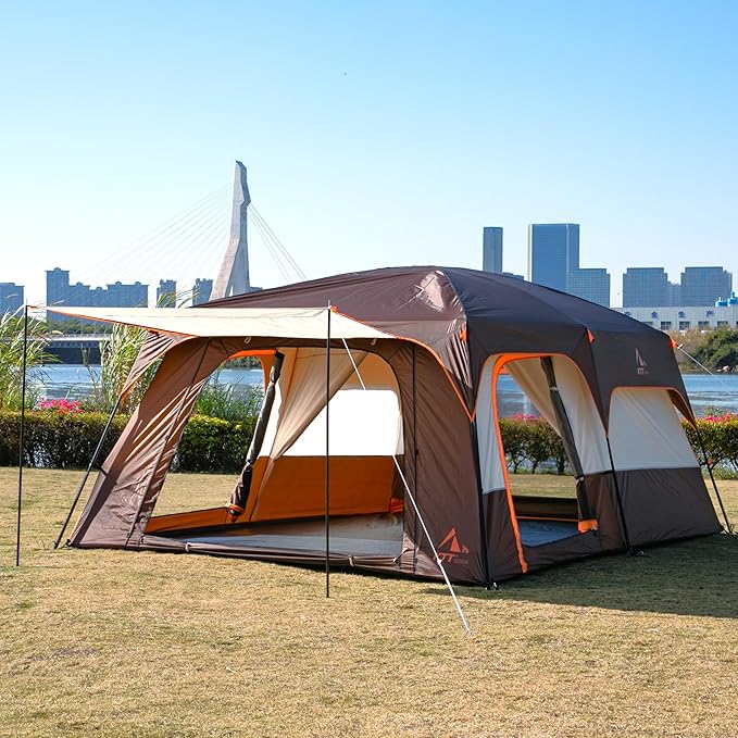 KTT Extra Large Tent 10-12-14 Person(B),Family Cabin Tents,2 Rooms,3 Doors and 3 Windows with Mesh,Straight Wall,Waterproof,Double Layer,Big Tent for Outdoor,Picnic,Camping,Family Gathering
