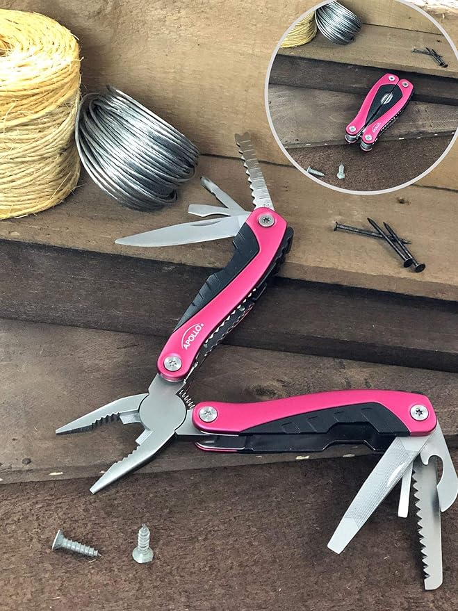 Apollo Tools 14-in-1 Steel Pocket Multitool Pliers, Dozens of Uses for Everyday Life, Repairs, Survival, Outdoors, Camping, Fishing - Pink Ribbon - Pink - DT5015P