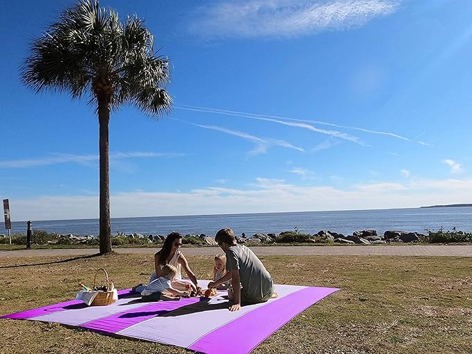 Premium XXL Beach Blanket Sandproof Water Resistant Quick Dry Mat 10ft by 9ft for 1-8 Adults with 4 Metal Stakes, 4 Corner Pockets, Secure Clip and Strap, and Attached Bag
