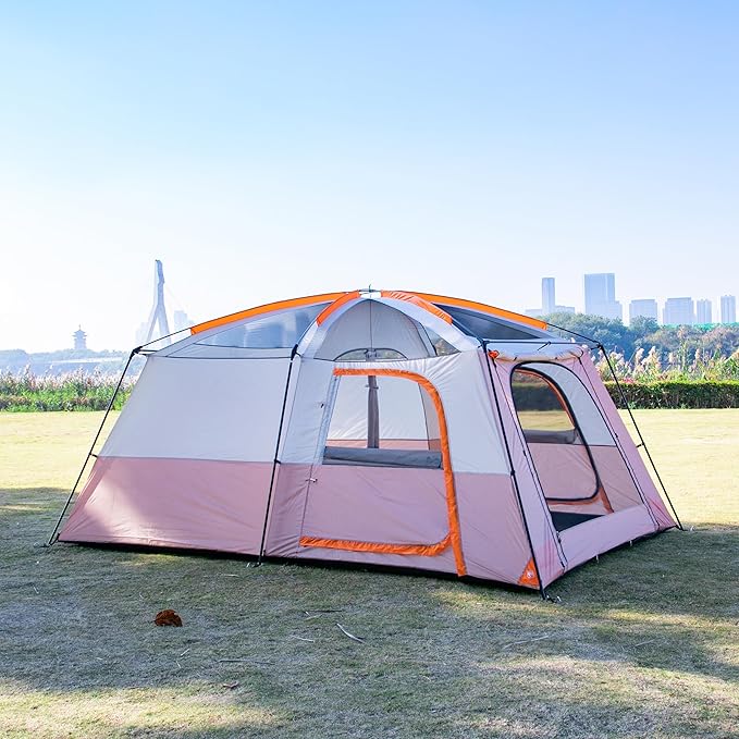 KTT Extra Large Tent 10-12-14 Person(A),Family Cabin Tents,2 Rooms,3 Doors and 3 Windows with Mesh,Straight Wall,Waterproof,Double Layer,Big Tent for Outdoor,Picnic,Camping,Family Gathering