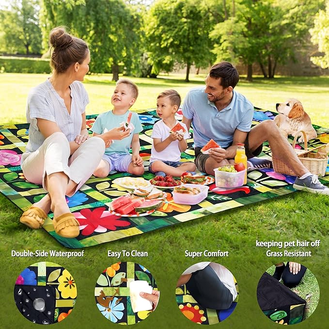 Picnic Blankets Beach Blanket 80" X 60" Extra Large Waterproof Camping Blankets Portable Outdoor Mat 3-Layer blanket for Beach, Hiking, Park, Music Festival, Grass Lawn,Travel