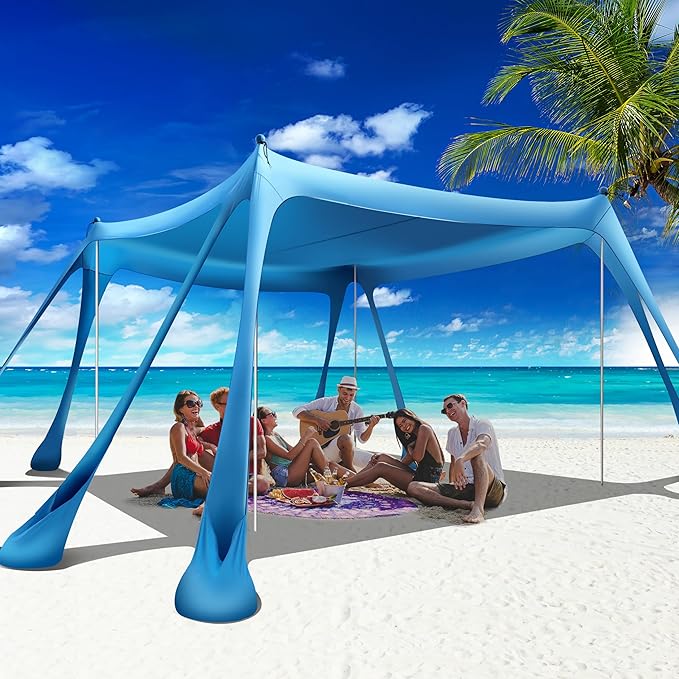 Beach Canopy Beach Tent Pop Up Shade 10x10ft Sun Shelter UPF50+ with 8 Sandbags-2 Sand Shovel-4 Aluminum Poles-Ground Pegs-Portable Carrying Bag for Outdoor Family Camping Fishing Yard Picnic
