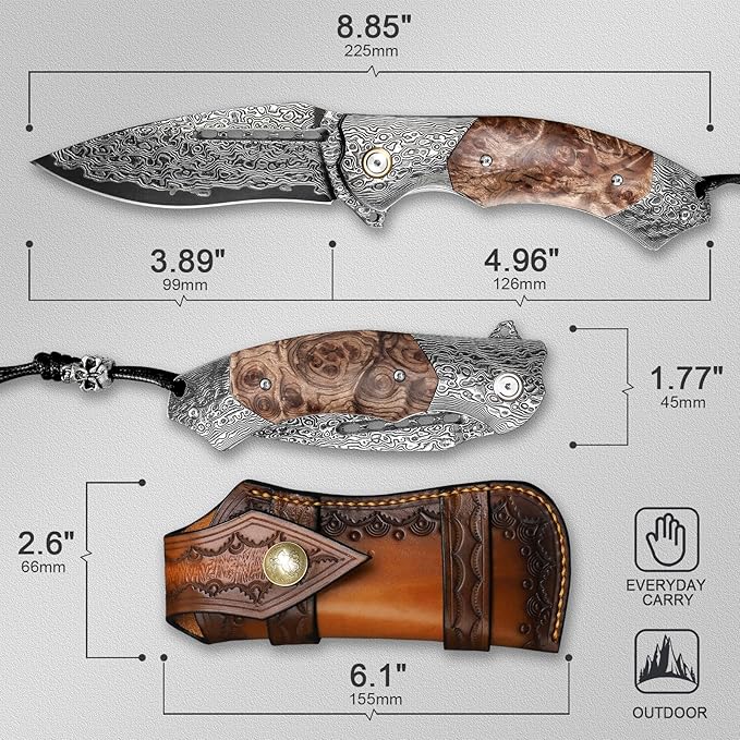 Damascus Steel Folding pocket Knife,with leather case,3.89in VG10 steel core Blade,Damascus Steel and Figured Sycamore wood handle,Suitable for Hiking carry EDC Knife
