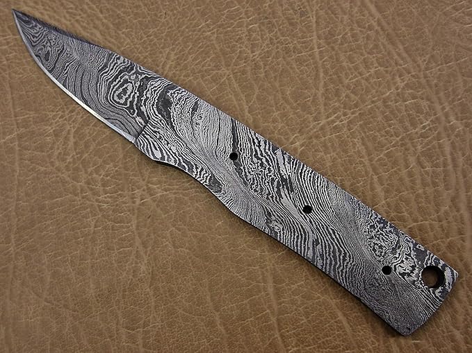 7.5 inches long hand forged Damascus steel blank blade skinning knife with 3 Pin holes and an inserting hole 3 inches cutting edge pocket knife blank blade