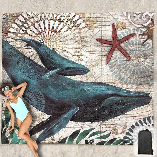 Beach Blanket Waterproof Sandproof Oversized 95”x 80”,Sand Free Beach Mat with Corner Pockets,Portable Mesh Bag for Beach Festival,Picnic,Travel and Outdoor Camping (Dolphin)