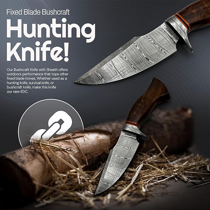 Fixed Blade Knife - Damascus Hunting Knife For Hunters - Survival Knife - Addition To Your Bushcraft Knife - Pocket Knives and Folding Knives Knife Set Collection. Gifts For Men - Knives For Men