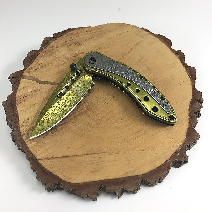 Buckshot Knives Thumb Open Spring Assisted Color Damascus Etched Stainless Steel Handle W/Damascus Etched Blade Pocket Knife (PBK207GD)