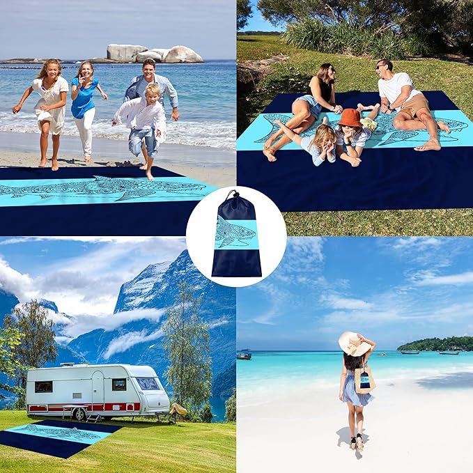 78''×86'' Large Beach Blanket Sandproof, Waterproof Sand Free Beach Mat 4 Adults w/ 4 Stakes & Pockets, Lightweight Foldable Outdoor Picnic Blanket for Camping, Travel, Hiking Accessories - Navy Shark