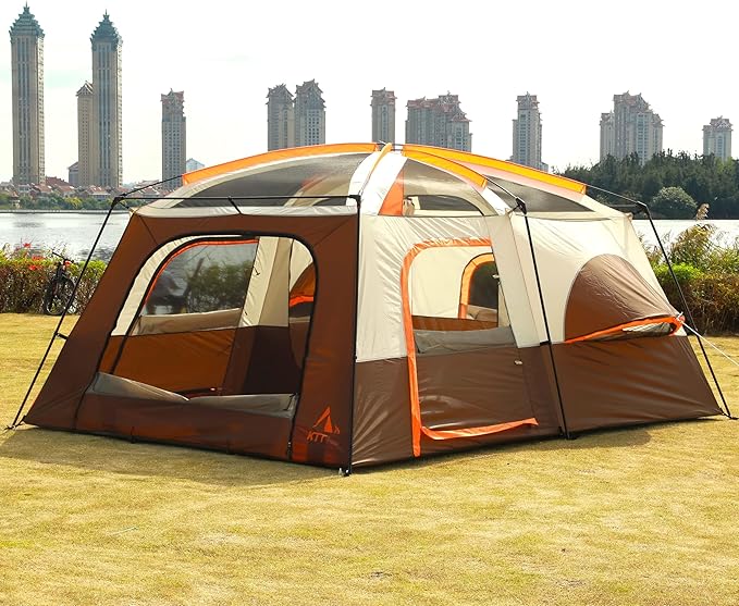 KTT Extra Large Tent 10-12-14 Person(Style-B),Family Cabin Tents,2 Rooms,3 Doors and 3 Windows with Mesh,Straight Wall,Waterproof,Double Layer,Big Tent for Outdoor,Picnic,Camping,Family Gathering