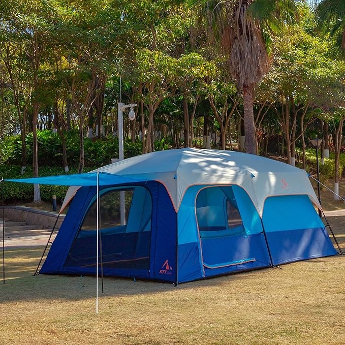 KTT Extra Large Tent 10-12-14 Person(Style-B),Family Cabin Tents,2 Rooms,3 Doors and 3 Windows with Mesh,Straight Wall,Waterproof,Double Layer,Big Tent for Outdoor,Picnic,Camping,Family Gathering