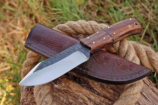 High Carbon Steel Knife, Full Tang Bushcraft Knife - Hunting Knife, Survival Knife, Fixed Blade Knife & Camping Knife with Rose Wood Handle & Leather Knife Sheath