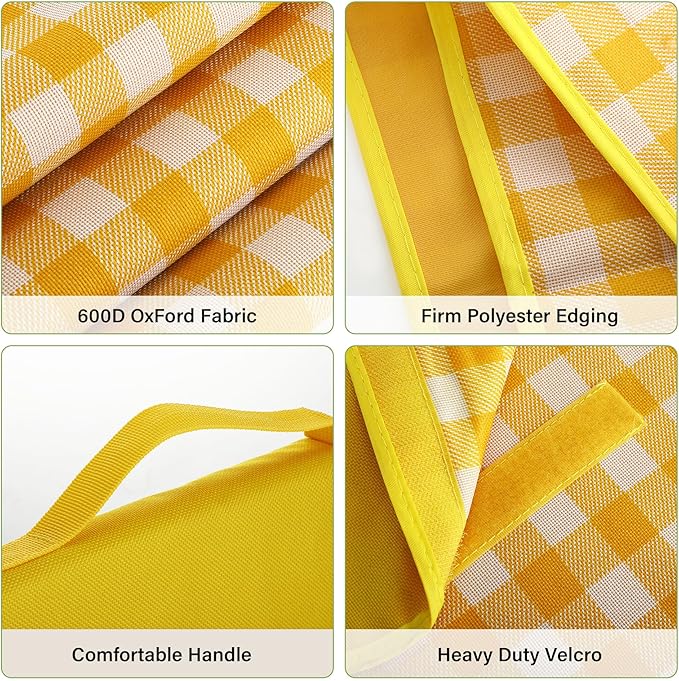 Picnic Blankets Waterproof Foldable Yellow Gingham Beach Mat Tote Handbag for Camping Travel Park (60x80 inch)