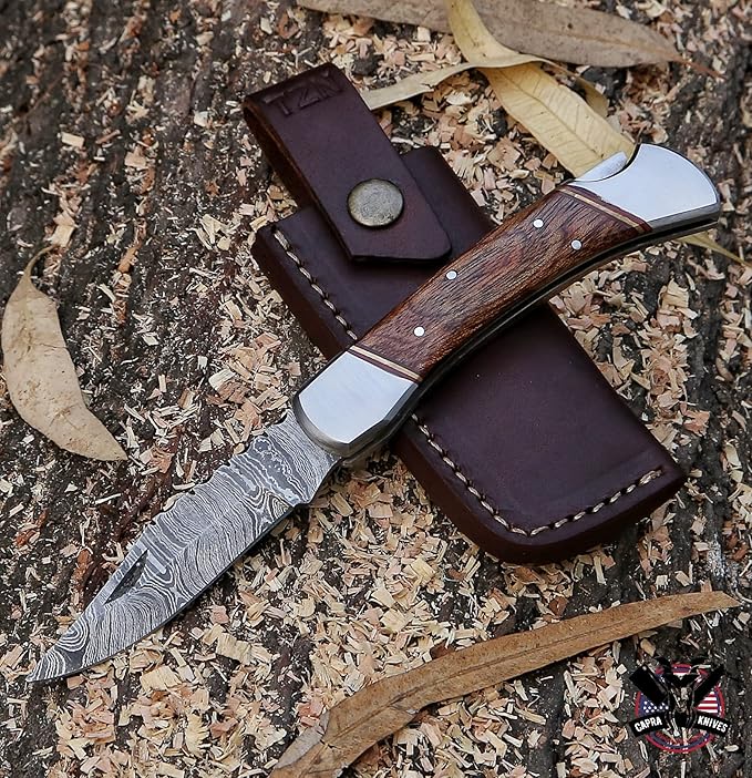 Capra Knives CK-43 Handcrafted Folding Pocket Knife 5” Folded, 9” Long Overall, 8oz Mohagni Wood Handle, Damascus Blade with Leather Sheath