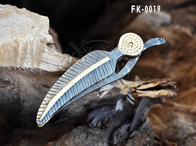 SHINY CRAFTS -Pocket Knife Damascus Hunting Knife OTF Knife Tactical Knife For Men- Pocket Knives - Everyday Carry - PlainEdge - Leather Sheath (FK 19)