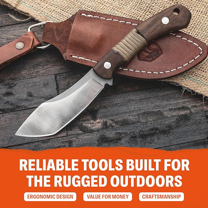 Condor Tool & Knife Mountaineer Trail Knife | Hunting Knife | 440C Stainless Steel Full Tang Knife with a Walnut Handle and Hand Crafted Welted Leather Sheath | 4.14in Blade | 7.76oz (3.5mm Thick)
