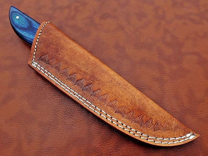 9.5" Walnut wood scale with steel bolster skinning Knife, full tang blade Rain drop pattern straight back hand forged Damascus steel, Cow Leather sheath (Brown) (Blue)