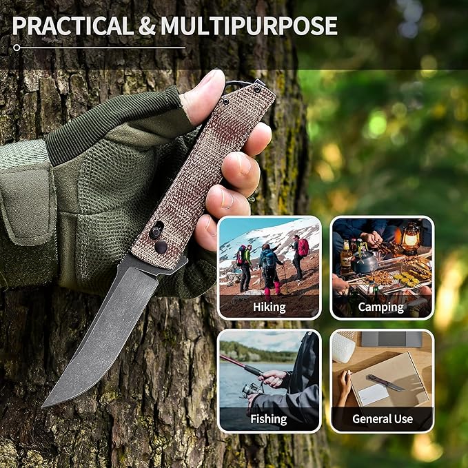 Cohesion Pocket Knives & Folding Knives - D2 Steel Blade Micarta Handle Reversible Pocket Clip, EDC Knife for Camping