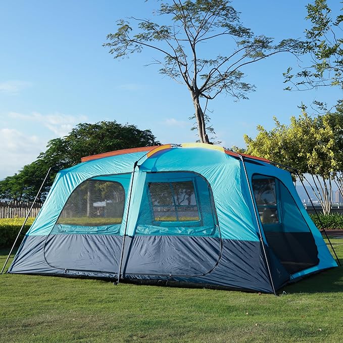 KTT Extra Large Tent 10-12-14 Person(B),Family Cabin Tents,2 Rooms,3 Doors and 3 Windows with Mesh,Straight Wall,Waterproof,Double Layer,Big Tent for Outdoor,Picnic,Camping,Family Gathering