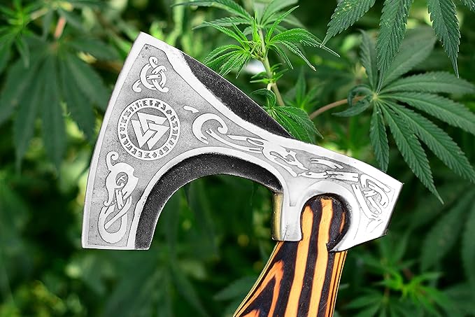 Hand Forged Etched Viking Axe – 20” inches Ash Wood Handle Camping Axe with Leather Sheath – High Carbon Steel Hatchets and Axes, Wood Splitting Axe, Throwing Axes - Gift for HIM (Valknut Axe)