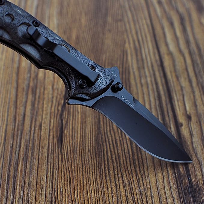 Sanrenmu 7034 Folding Pocket Knife 8Cr14Mov Blade Liner Lock PA66+GF Handle with Clip (Black)