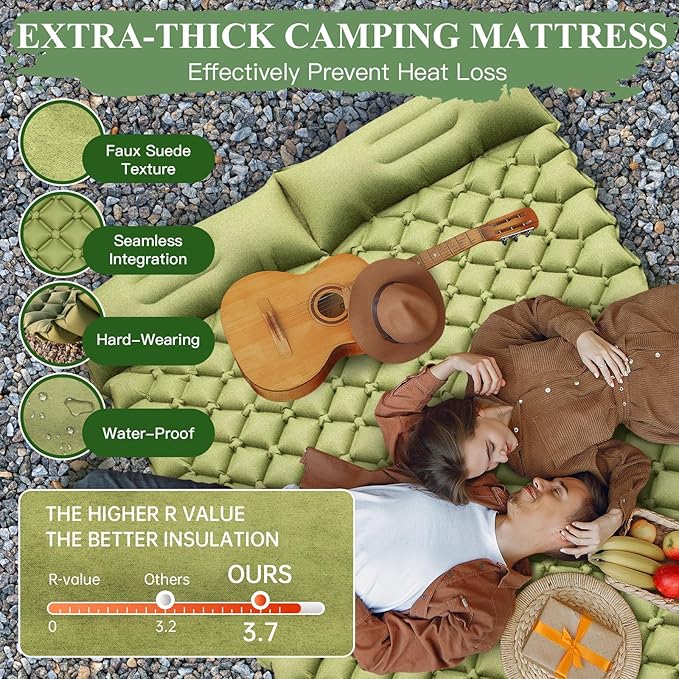 SJEhome Double Sleeping Pad for Camping, Low Noise Self Inflating Camping Pad, Inflatable Camping Mattress with Pillows Built-in Pump, Portable Camping Mat for Tent Backpacking Hiking Traveling