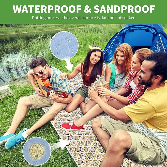 Picnic Blankets, Waterproof & Sandproof Picnic Blanket 3 Layers Thickened for Water-Resistant Handy Mat, 79" x 57" Cotton Camping Blankets for Beach, Camping, Park, Travel, Grass (Sunflower-V2)