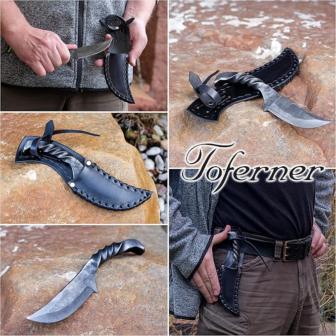 Toferner Hand Forged Knife Wolf Claw with Sheath, Vintage Knife for Antique Collection, Genuine Leather Case, Hardened Blade, Hand Made Craft, Gift Idea for Men (Black)