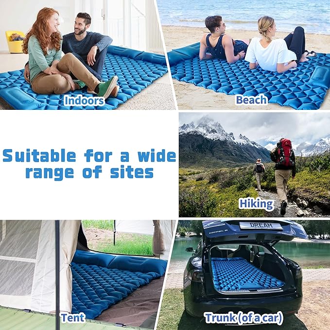 Double Sleeping Pad for Camping, 2 Person Ultralight Inflatable Sleeping Mat with Pillow and Built-in Foot Pump, Portable Camping Mattress for Tent, Backpacking, Hiking, Traveling-Upgrade Blue