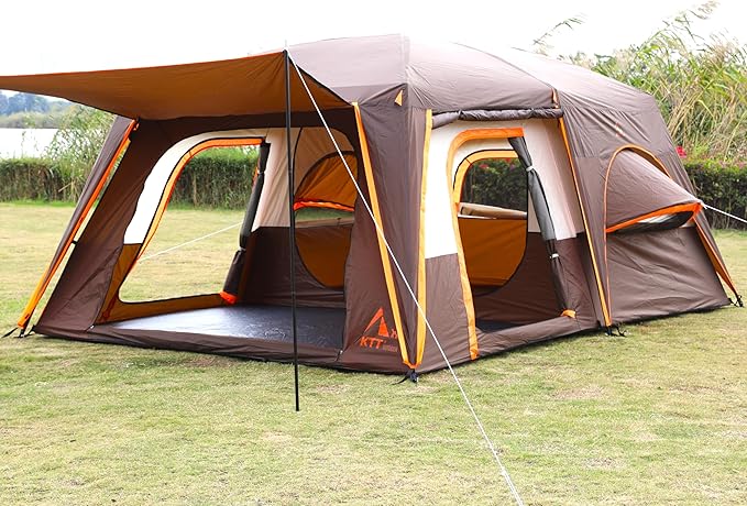 KTT Extra Large Tent 10-12-14 Person(Style-B),Family Cabin Tents,2 Rooms,3 Doors and 3 Windows with Mesh,Straight Wall,Waterproof,Double Layer,Big Tent for Outdoor,Picnic,Camping,Family Gathering