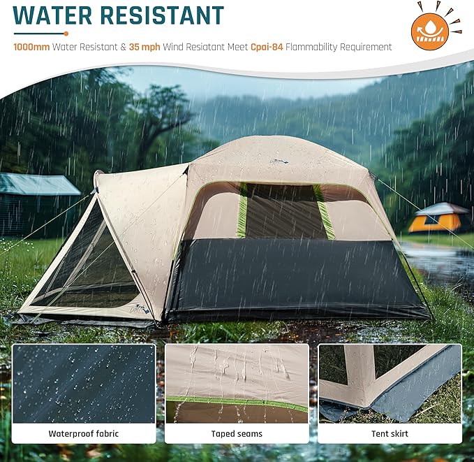 Tents for Camping 6 Person Camping Tent with Screen Porch, Weatherproof Large Cabin Tent with Rainfly and Carry Bag, Family Tent for Outdoor Camping and Backyard