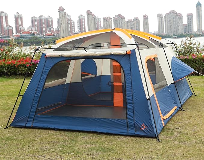 KTT Extra Large Tent 10-12-14 Person(B),Family Cabin Tents,2 Rooms,3 Doors and 3 Windows with Mesh,Straight Wall,Waterproof,Double Layer,Big Tent for Outdoor,Picnic,Camping,Family Gathering
