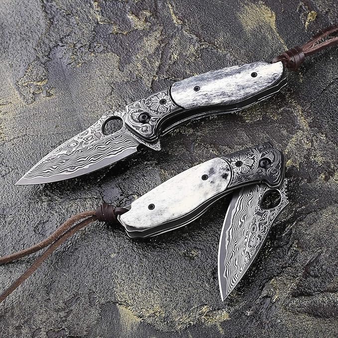 handmade damascus steel pocket knife with leather sheath,liner lock bone handle,japanese vg10 core 2.8in blade,folding knives for camping and fishing,edc for men and women