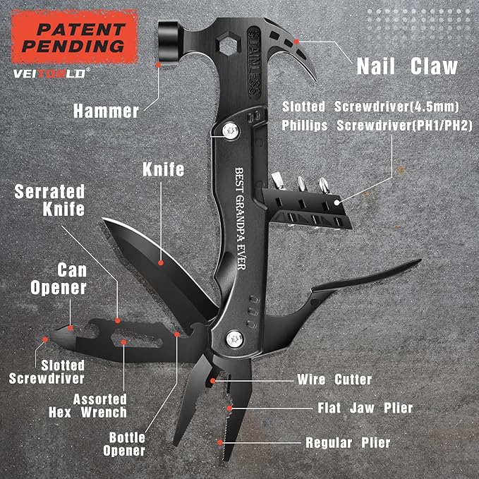 Gifts for Grandpa, Unique Birthday Gift Ideas for Papa Men Him Adults from Grandchildre, All in One Survival Tools Hammer Multitool, Cool Gadgets Presents, Camping Accessories