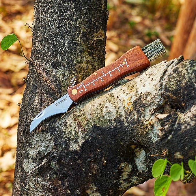 Mushroom Foraging Kit Folding Mushroom Knife with Brush + Pink Foraging Bag and Leather Strap Wood Handle Pocket Knife for Fungus Truffles Special Edition Set for Women