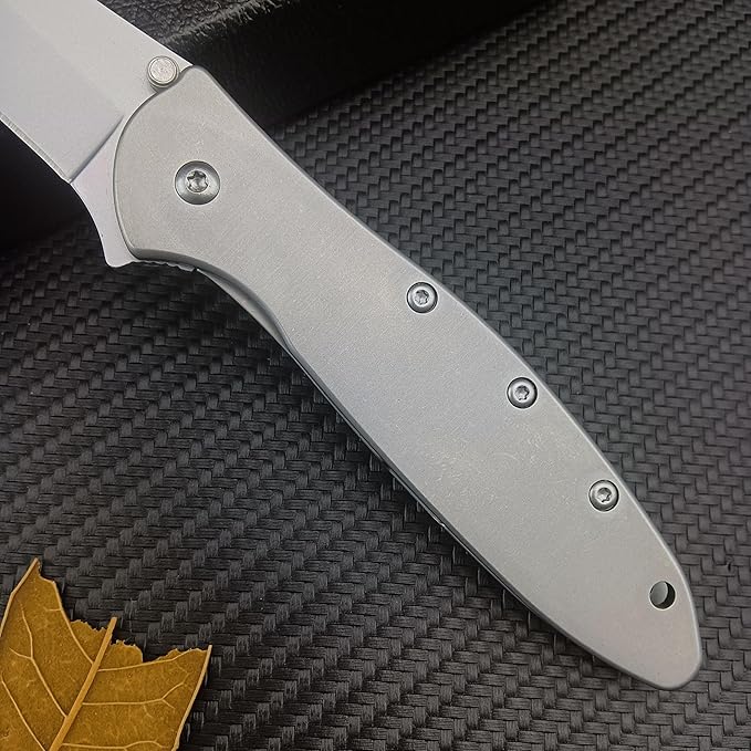 HUAAO Outdoor Flipper Pocket Folding Knife 3" Bead Blast Plain Blade, Stainless Steel Handles Frame Lock,Reversible Pocketclip