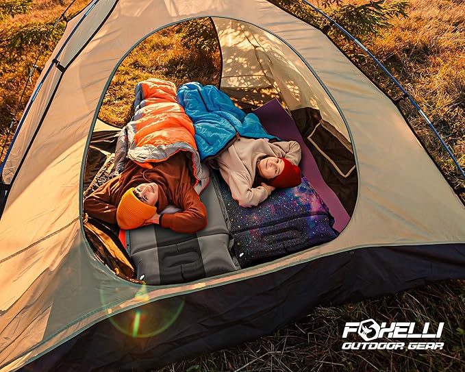 Foxelli Self Inflating Sleeping Pad for Camping, Backpacking, Hiking, Insulated Foam Lightweight Camping Mat, Inflatable Camp Mattress with Pillow