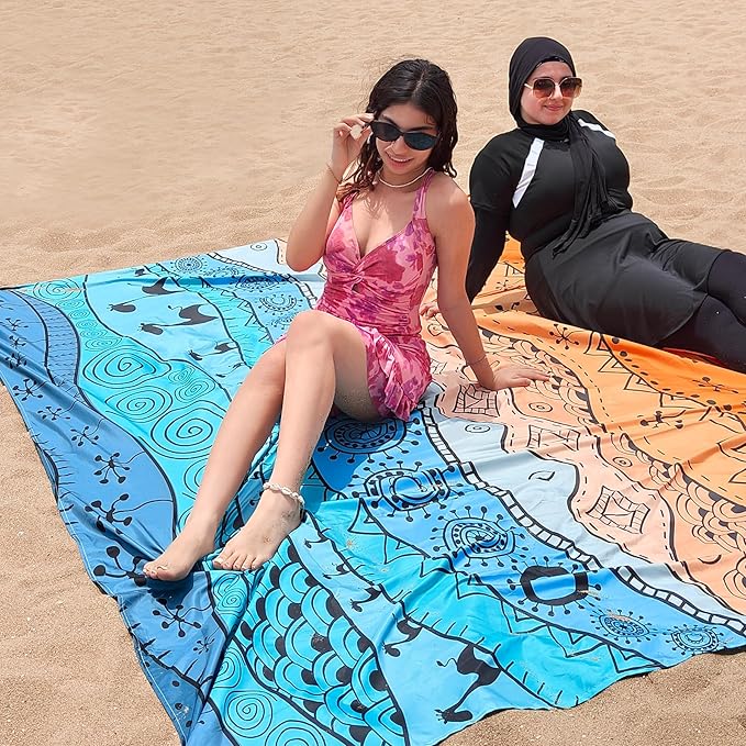 Beach Blanket Waterproof Sandproof 79"x 83" for 1-4 Adults,Quick Drying Beach Mat,Lightweight & Durable,Beach Essentials for Family Beach Camping Travel Picnic(Bohemian)